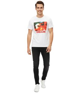 RE:COVERED X GREMLINS Herren T-Shirt mit großem Foto-Print Rundhals-Shirt RCWARN557 Weiß