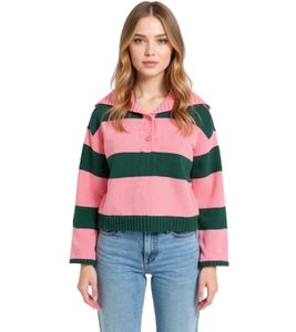 Maglione da donna lavorato a maglia con bottoni, maglione a righe, taglie forti 974173 rosa/verde