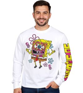 RE:COVERED X nickelodeon Herren Langarm-Shirt SpongeBob Schwammkopf Design Baumwoll-Pullover Rundhals-Shirt RCVCM688 Weiß