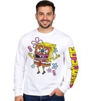 RE:COVERED X nickelodeon Herren Langarm-Shirt SpongeBob Schwammkopf Design Baumwoll-Pullover Rundhals-Shirt RCVCM688 Weiß