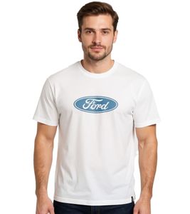 T-shirt da uomo RE:COVERED X FORD con stampa Ford Torino, girocollo in cotone, RCFRD504, bianco ecru