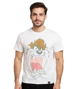 RE:COVERED X LOONEY TUNES Men's T-Shirt Tasmanian Devil Cotton Crew Neck RCWARN551 Ecru-White