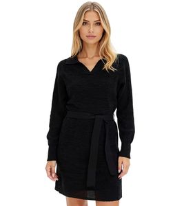 Damen Strick-Kleid Mini-Kleid mit Polo-Kragen Langarm-Kleid Baumwoll-Kleid 905509 Schwarz