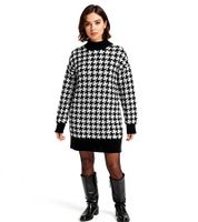 Damen Strick-Kleid mit Hahnentritt-Muster Mini-Kleid mit langen Ärmeln und Stehkragen 914658 Schwarz/Weiß