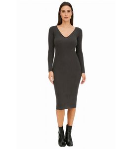 Damen Midi-Kleid mit Rippenstrick Langarm-Kleid schmales Strick-Kleid 933773 Grau