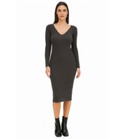 Damen Midi-Kleid mit Rippenstrick Langarm-Kleid schmales Strick-Kleid 933773 Grau