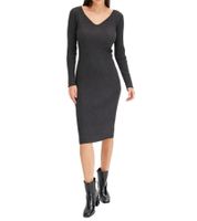 Damen Midi-Kleid mit Rippenstrick Langarm-Kleid schmales Strick-Kleid 933773 Grau
