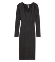 Damen Midi-Kleid mit Rippenstrick Langarm-Kleid schmales Strick-Kleid 933773 Grau