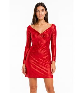 elegantes Damen Jersey-Kleid mit Metallic-Effekt Abend-Kleid mit langen Ärmeln 922945 Rot
