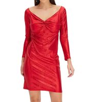 elegantes Damen Jersey-Kleid mit Metallic-Effekt Abend-Kleid mit langen Ärmeln 922945 Rot