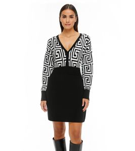 Damen Strick-Kleid mit graphischem Muster Mini-Kleid mit langen Ärmeln 976171 Schwarz/Weiß