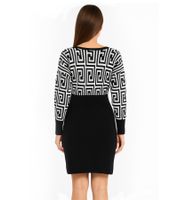 Damen Strick-Kleid mit graphischem Muster Mini-Kleid mit langen Ärmeln 976171 Schwarz/Weiß