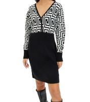 Damen Strick-Kleid mit graphischem Muster Mini-Kleid mit langen Ärmeln 976171 Schwarz/Weiß