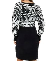 Damen Strick-Kleid mit graphischem Muster Mini-Kleid mit langen Ärmeln 976171 Schwarz/Weiß