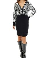 Damen Strick-Kleid mit graphischem Muster Mini-Kleid mit langen Ärmeln 976171 Schwarz/Weiß