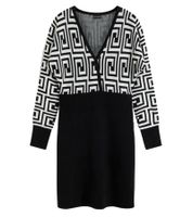 Damen Strick-Kleid mit graphischem Muster Mini-Kleid mit langen Ärmeln 976171 Schwarz/Weiß