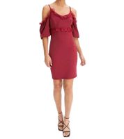 Damen Spitzen-Kleid schulterfreies Mini-Kleid mit dünnen, verstellbaren Trägern 951142 Burgunder-Rot