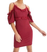 Damen Spitzen-Kleid schulterfreies Mini-Kleid mit dünnen, verstellbaren Trägern 951142 Burgunder-Rot