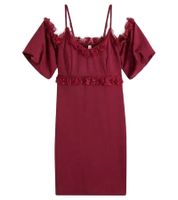 Damen Spitzen-Kleid schulterfreies Mini-Kleid mit dünnen, verstellbaren Trägern 951142 Burgunder-Rot