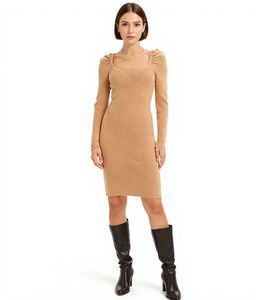Robe courte en maille côtelée à encolure carrée et manches longues pour femme (921895) Marron