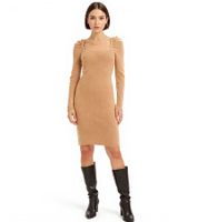 Women's Rib-Knit Dress with Square Neckline, Mini Dress with Long Sleeves 921895 Brown