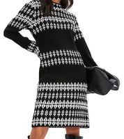 Damen Strick-Kleid mit Fairisle-Print Langarm-Kleid Herbst-Kleid 923627 Schwarz/Weiß