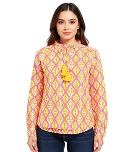 ZWILLINGSHERZ Women's Cotton Summer Blouse with Oval Vine Pattern 33246-95 Orange/Pink