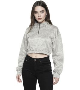 ZEGY Damen Crop-Pullover Half Zip Langarm-Shirt Baumwoll-Pulli Cropped 1073 Grau