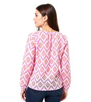 ZWILLINGSHERZ Damen Sommer-Bluse mit auffälligen-Muster Baumwoll Langarmshirt 33227-22 Weiß/Orange/Pink