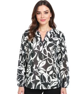 ZWILLINGSHERZ Damen Sommer-Bluse mit Blätter-Muster Baumwoll Langarmshirt 33229-3 Weiß/Schwarz/Pink
