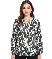 ZWILLINGSHERZ Damen Sommer-Bluse mit Blätter-Muster Baumwoll Langarmshirt 33229-3 Weiß/Schwarz/Pink