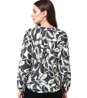 ZWILLINGSHERZ Damen Sommer-Bluse mit Blätter-Muster Baumwoll Langarmshirt 33229-3 Weiß/Schwarz/Pink