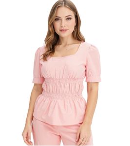 Chemisier femme à manches bouffantes, chemisier en coton, haut d'été, chemise à manches courtes, 963325 Rose