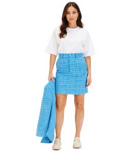 Mini-jupe en bouclette pour femme : élégante jupe en maille avec détails argentés. 960601, jupe d'automne, bleu brillant.