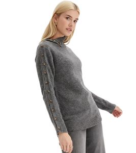 Women's Turtleneck Sweater with Buttoned Sleeves, Knit Sweater 950937 Gray
