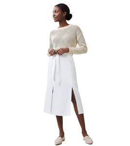 Gonna estiva romantica da donna con cintura in puro lino, gonna midi 905991, bianca
