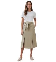 Romantic women's summer skirt with a tie belt made of pure linen, midi skirt 927542, khaki
