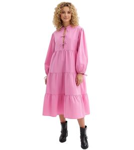 Abito midi da donna a gamba larga con fiocchi, in puro cotone, a maniche lunghe 977645 Rosa