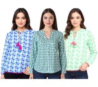 ZWILLINGSHERZ Pünktchen Damen Sommer-Bluse mit Polka Dots Muster Tunika-Shirt mit Quaste oder Ohne in Grün oder Blau