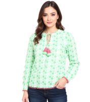 ZWILLINGSHERZ Pünktchen Damen Sommer-Bluse mit Polka Dots Muster Tunika-Shirt mit Quaste oder Ohne in Grün oder Blau