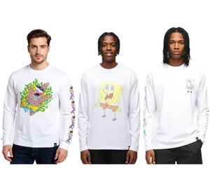 RE:COVERED X nickelodeon Herren Langarm-Shirt mit verschiedenen Prints SpongeBob Schwammkopf Baumwoll-Pullover Rundhals-Shirt in Weiß