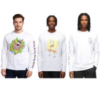 RE:COVERED X Nickelodeon - Camisa de manga larga para hombre con varios estampados de Bob Esponja, de algodón, con cuello redondo, en blanco