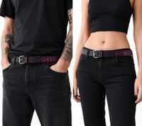 Cinturón de piel auténtica HIM con logotipo de banda, elegante cinturón informal, largo 110 cm, negro/morado