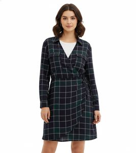 Robe portefeuille à carreaux, col chemise, 914043 Bleu