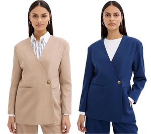 Elegante blazer de noche para mujer, blazer de otoño, blazer de negocios, blazer de algodón, beige o azul.