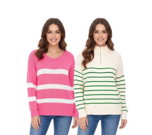 Aniston CASUAL Women's Knit Sweater, Striped Everyday Sweater, Long-Sleeved Shirt in Pink/White and Beige/Green