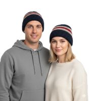 Trust Co Unisex Crochet Winter Hat, Soft Knit Hat with Stripes, Cotton Hat, Navy/White, Brown/White, Khaki/White, or Navy/Red