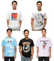 T-shirt homme RE:COVERED X Disney, différents styles et imprimés Mickey Mouse, col rond en coton, blanc, noir, violet et bleu