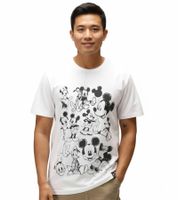 T-shirt homme RE:COVERED X Disney, différents styles et imprimés Mickey Mouse, col rond en coton, blanc, noir, violet et bleu