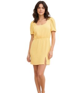 Robe chemise courte femme en crêpe structuré, robe d'été 909338 Jaune